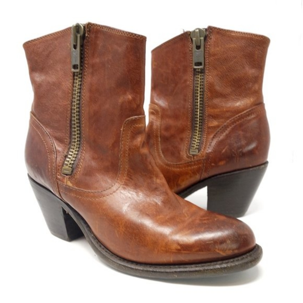 Frye Brown Leather Leslie Zip Up Short Booties Size 7 1/2 B